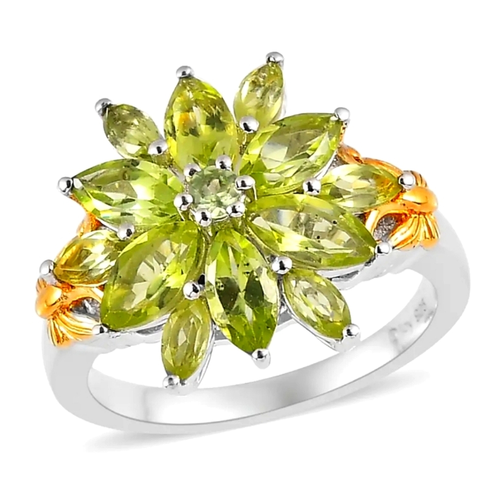 2.20ctw Premium Peridot Floral Ring In Vermeil YG & Platinum Over S925